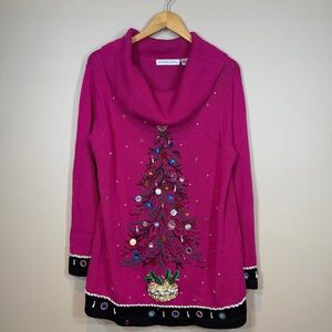 Vintage Victoria Jones Woman Pink Cowl Neck Sweater with Festive Tree Design